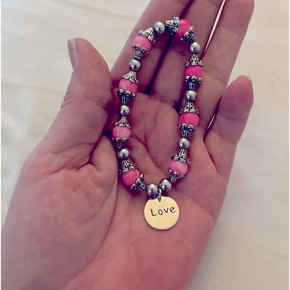 Glass Pink Beads and Silver Tone Metal Love Bracelet